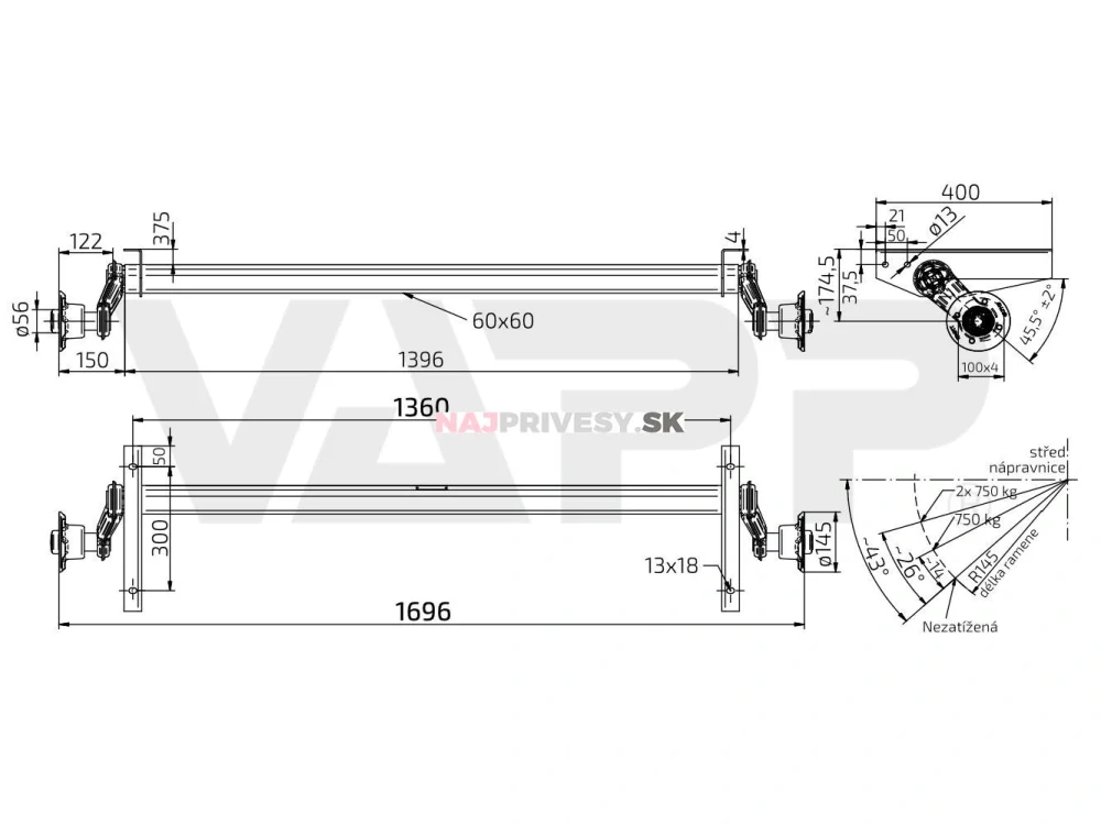 Náprava KNOTT VG 7 (750 kg) b=1360 mm, c=1696 mm, 100x4, (pätky pre Lider)
