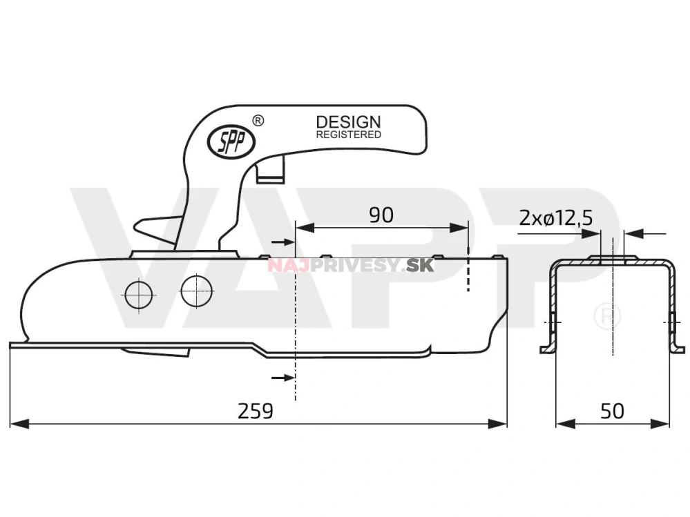 Ťažná spojka SPP ZSK-750H, 750 kg, 50x50 mm, V12