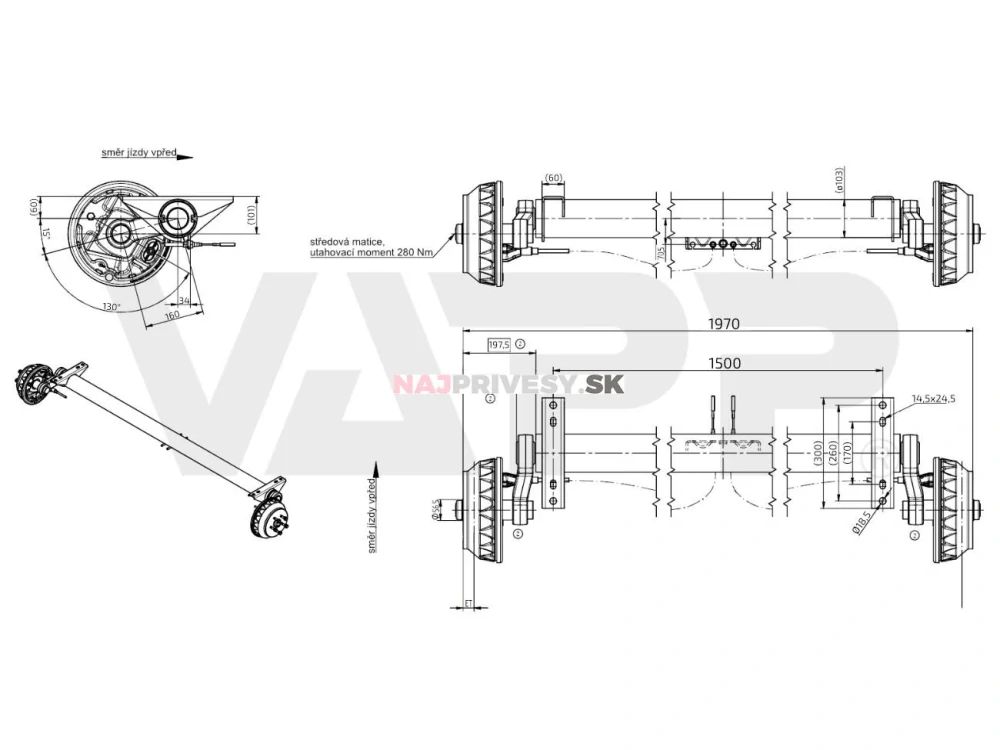 Náprava KNOTT GB 18 (1800 kg) b=1500 mm, c=1970 mm, 250x40, 112x5, s prípravou pre tlmiče