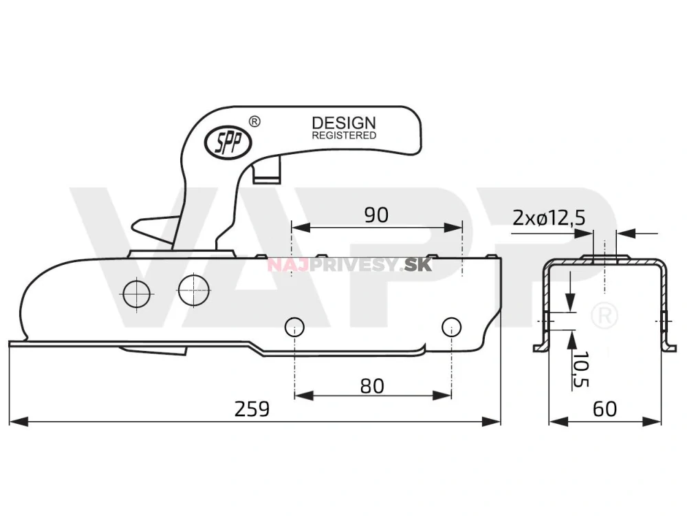 Ťažná spojka SPP ZSK-750I, 750 kg, 60x60 mm, H10V12