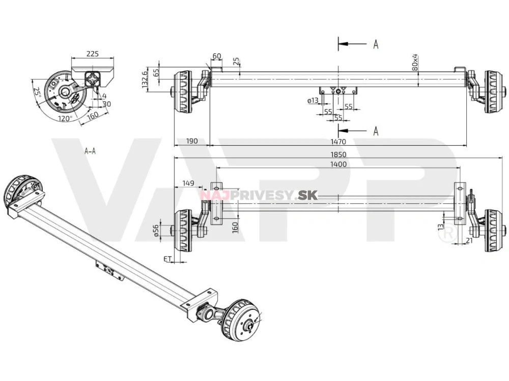Náprava KNOTT VGB 13 (1350 kg) a = 1400 mm, c = 1850 mm, 200x50, 112x5