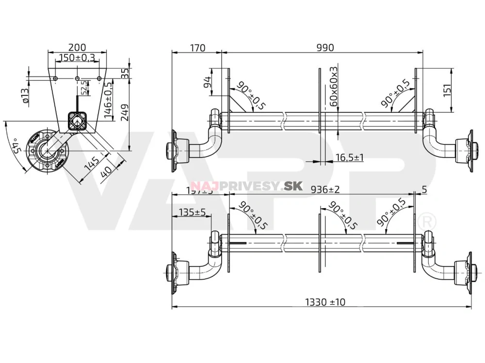 Náprava KNOTT VG 7 (750 kg) b=936 mm, c=1330 mm, 100x4, atyp pätky
