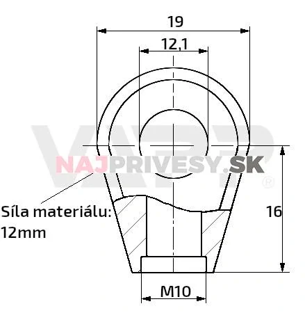 Oko k plynovej vzpere 19x16x12, otvor 12,1mm, pre závit M10