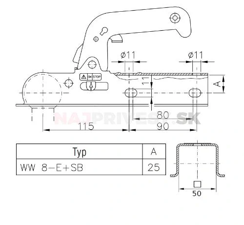 Ťažná spojka WW 8-E 50x50 mm, 800 kg 