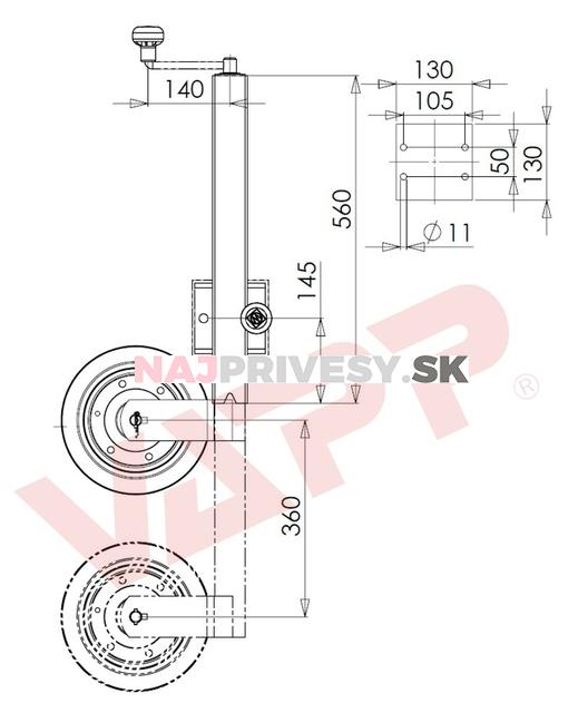 Koliesko oporné s otočným držiakom WW ST 60-PVDL-560-255 VB (oceľový disk) 500 kg