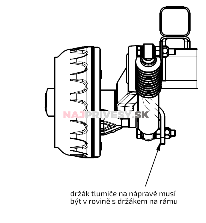 Tlmič k náprave KNOTT (do 900kg/1 náprava) montáž pred koleso, červený