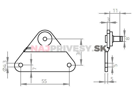 Konzola k plynovej vzpere vyhnutá 55x30mm, valcový čap pr. 8mm, oceľ