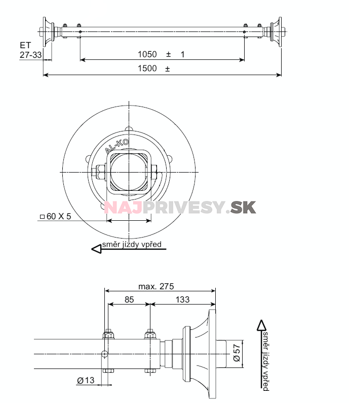 Náprava AL-KO Starr Plus LS (1500kg) a = 1050 mm, 112x5
