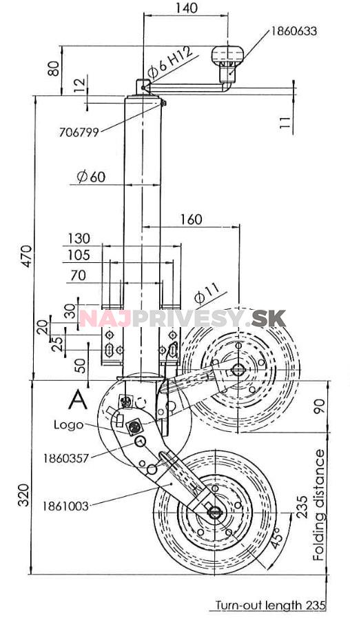 Koliesko oporné automat. WW VK 60/BH/200 VBB s plochou prírubou, 250 kg