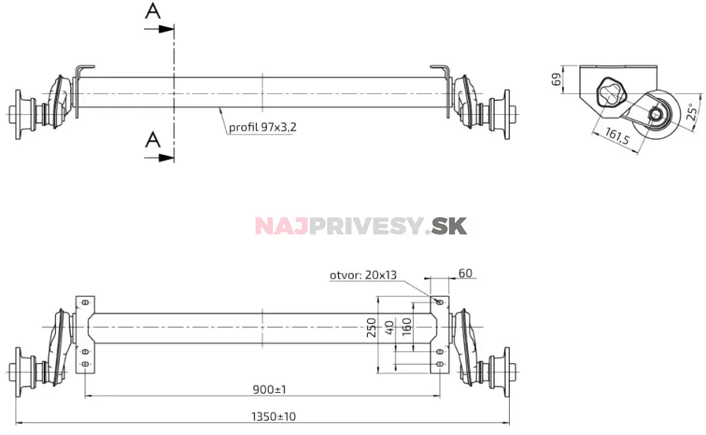 Náprava AL-KO UBR 1200-5 (1300 kg) a = 900 mm, c = 1350 mm, 100x4