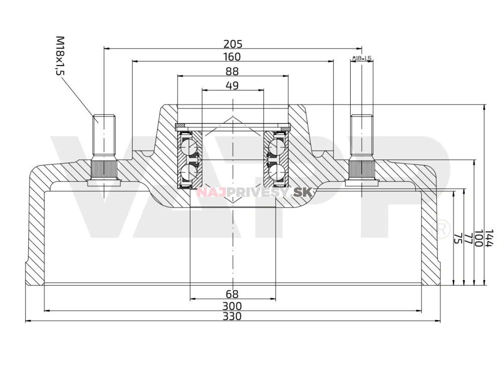 Bubon brzdový KNOTT 300x60 (205x6) dvojradové ložisko