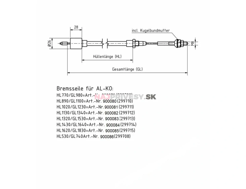 Lanovod brzdový PROTRAILER pre AL-KO 770/980 mm závit M8