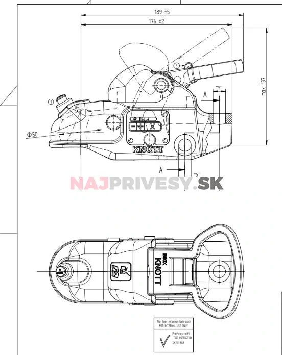 Ťažná spojka KNOTT AV30 A pr. 50 mm, vŕtanie 14 mm, s integrovaným zámkom
