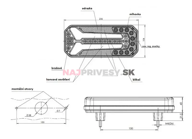 Svietidlo WAS W150 združené LED 12-24 V, L, BL/BR/KO/ML/RZ, baj5 dynamický blinkr