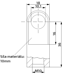 Oko k plynové vzpěře 36x18x10, otvor 10,1mm, pro závit M10