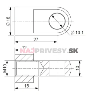 Oko k plynovej vzpere BM, priemer. 10,1mm, c=27mm, pre závit M10, oceľ