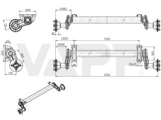 Náprava KNOTT VG 13 (750 kg) b=1100 mm, c=1550 mm, 100x4, pätky 65