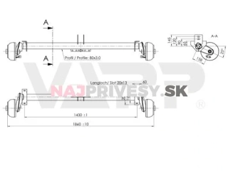 Náprava AL-KO B 850-10 (1000 kg) a = 1430 mm, c = 1860 mm, 2051, 112x5, navárka na oj